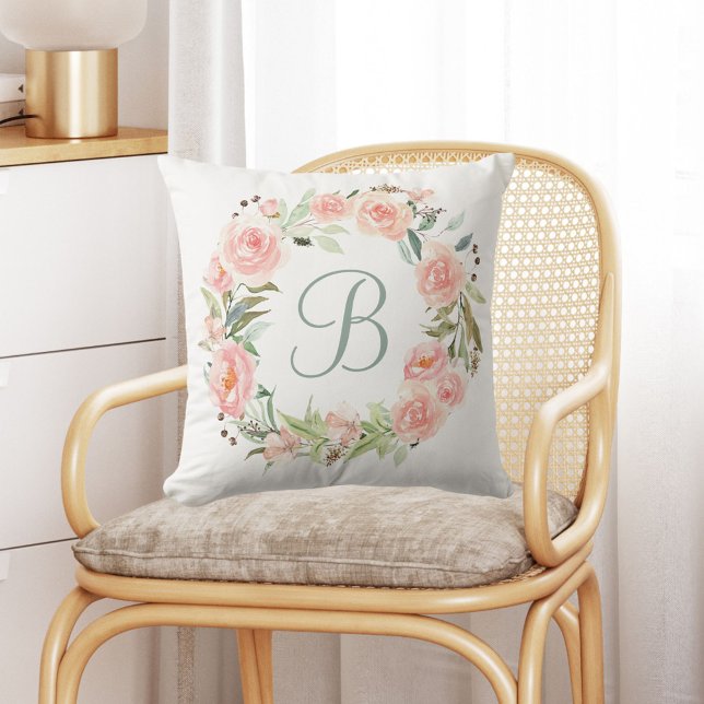 Monogrammed Pastel Pink Flower Wreath Cushion (In situ)