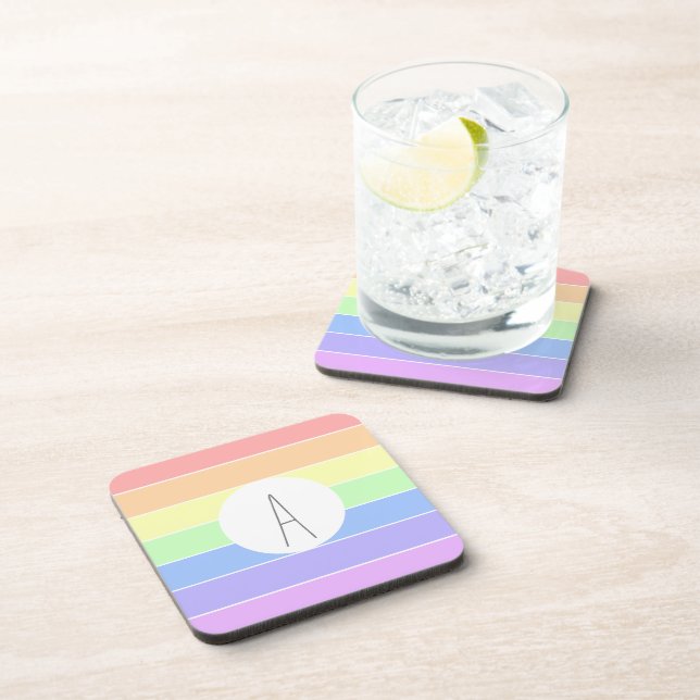 Monogrammed Pastel Rainbow Colorful Stripes   Coaster (Right Side)