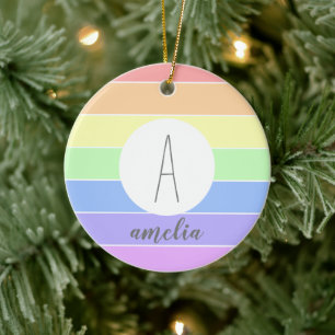 Monogrammed Pastel Rainbow Colourful Stripes Ceramic Tree Decoration