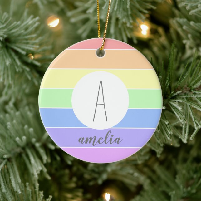 Monogrammed Pastel Rainbow Colourful Stripes Ceramic Tree Decoration (Tree)