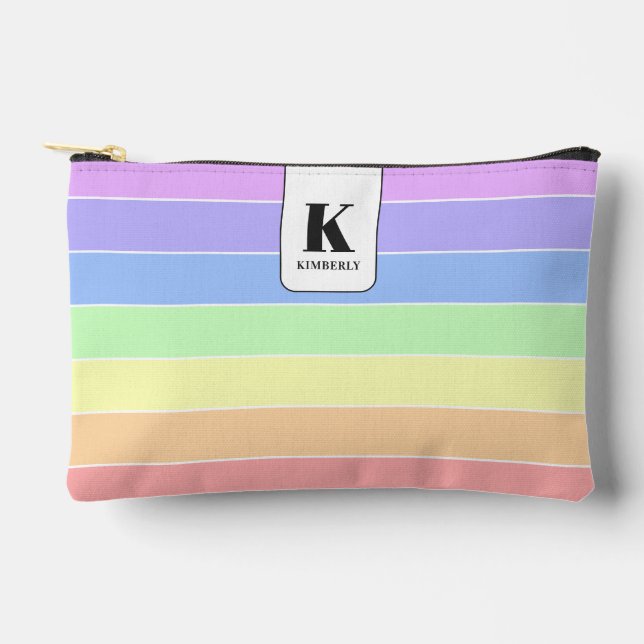 Monogrammed Pastel Rainbow Colourful Stripes Moder Accessory Pouch (Front)