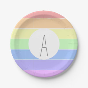 Monogrammed Pastel Rainbow Colourful Stripes Paper Plate