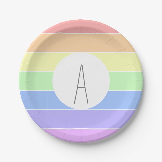 Monogrammed Pastel Rainbow Colourful Stripes Paper Plate (Front)