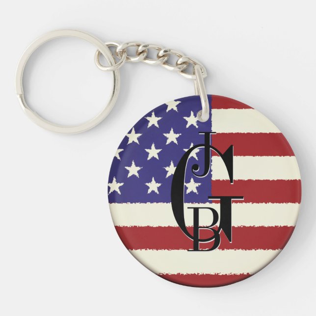 Monogrammed Patriotic American Flag Key Ring (Front)