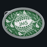 Monogrammed Pattern for the Golfer Belt Buckles<br><div class="desc">A personalised sports golf themed design in green and white. It features a gold ball that can be customised with monogram initials and a background pattern of golf clubs , golf balls and various golfing terms typography - all brought together to create a unique personalised golfing gift for the pro...</div>