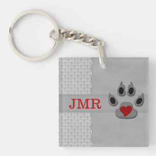 Monogrammed Paw Print and Red Heart Key Ring