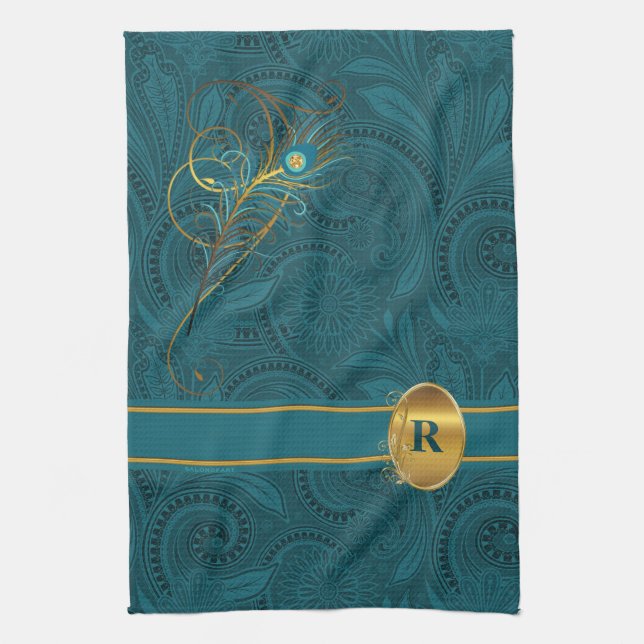Monogrammed Peacock for the Kitchen Tea Towel (Vertical)