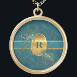 Monogrammed Peacock in Teal and Gold Feathers Gold Plated Necklace<br><div class="desc">Beautiful teal green hues are matched with golden tones in this faux peacock feather and elegant themed monogrammed necklace or locket for her.</div>