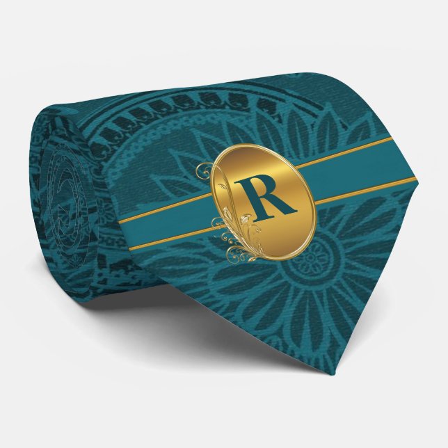 Monogrammed Peacock Teal with Gold Accents Tie (Rolled)