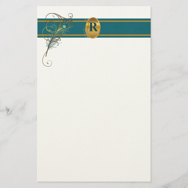 Monogrammed Peacock Wedding in Teal and Gold Stationery (Front)