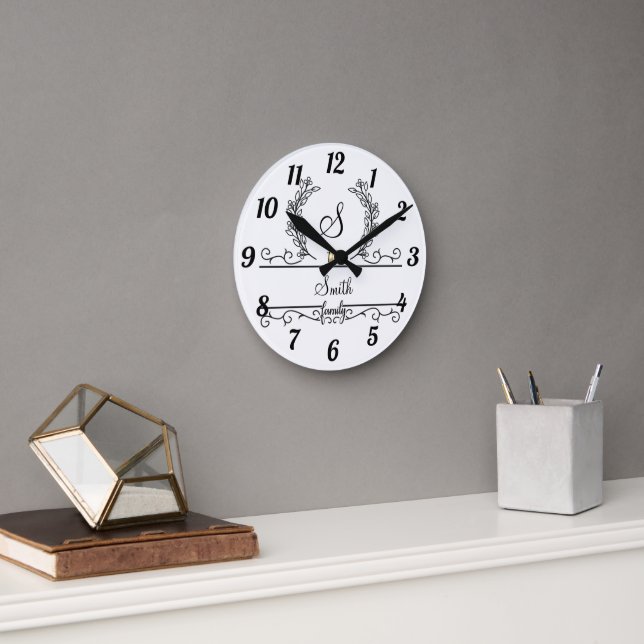 Monogrammed Personalised Family Name Script Leaves Round Clock (Office)