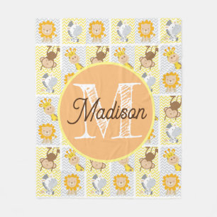 Monogrammed personalised zoo animal fleece blanket