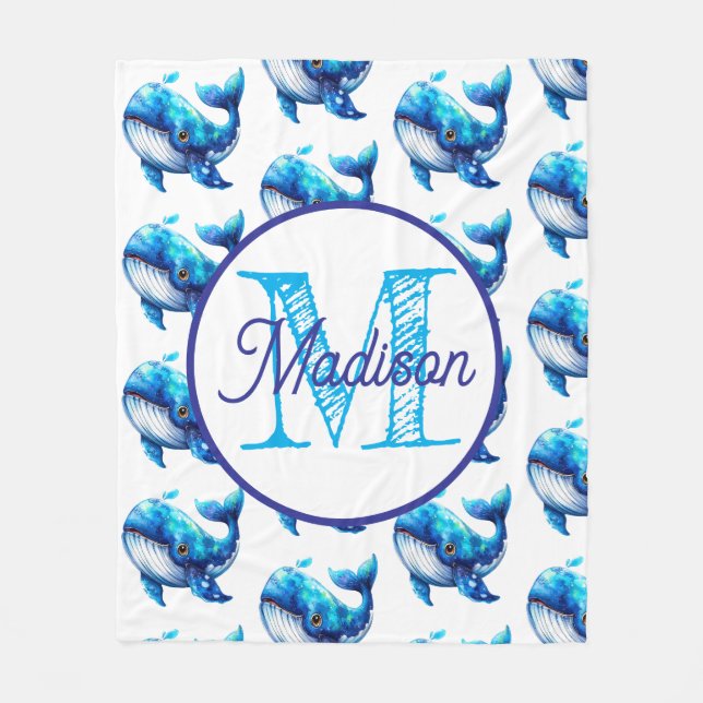 Monogrammed personalize whales fleece blanket (Front)