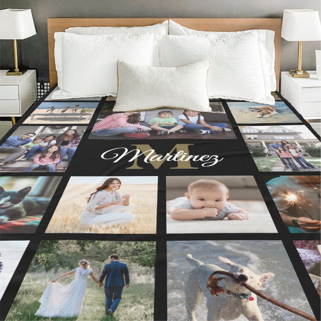 Monogrammed Photo Collage Black, White and Gold Fleece Blanket (Creator Uploaded)