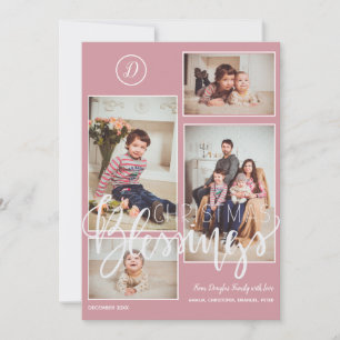 Monogrammed photo collage Christmas blush pink Holiday Card