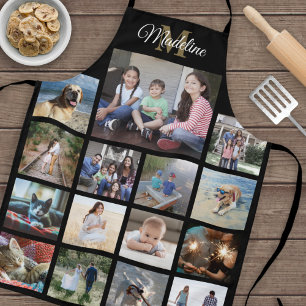Monogrammed Photo Collage Grid Pattern Black Gold Apron