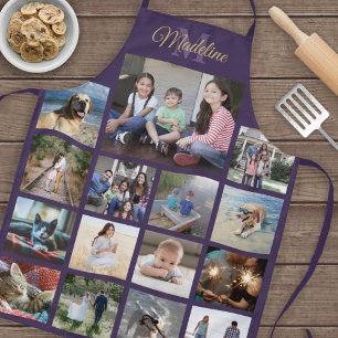 Monogrammed Photo Collage Grid Pattern Purple Gold Apron