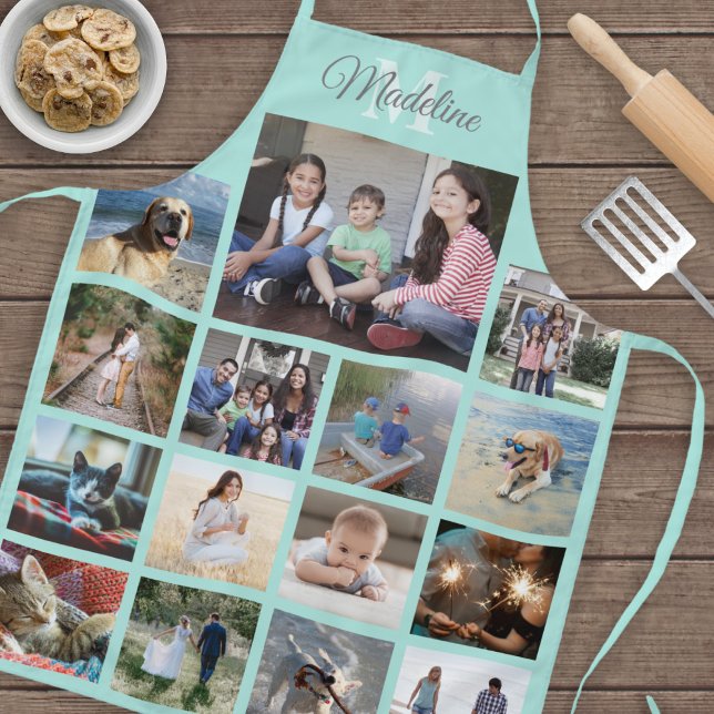 Monogrammed Photo Collage Grid Pattern Teal Blue Apron (Creator Uploaded)