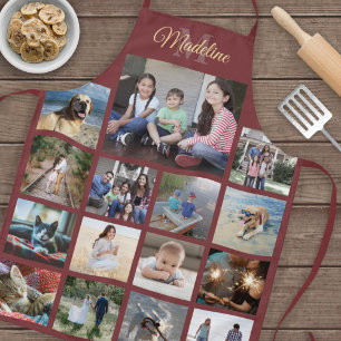 Monogrammed Photo Collage Pattern Burgundy & Gold Apron