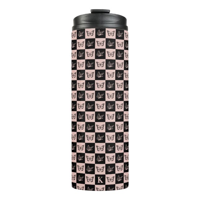 Monogrammed Pink and Black Check Butterfly Pattern Thermal Tumbler (Front)