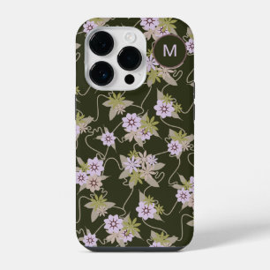Monogrammed Pink and Black Floral Vines iPhone 14 Pro Case
