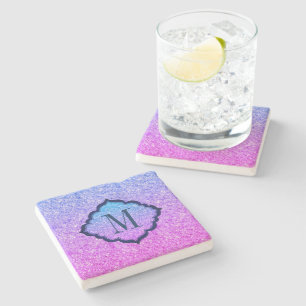 Monogrammed Pink And Blue Glitter Pattern Stone Coaster
