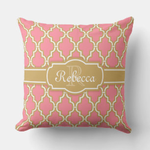 Monogrammed Pink and Gold Lattice Pattern Cushion