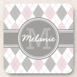 Monogrammed Pink and Grey Argyle Pattern Coaster