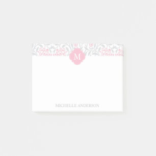 Monogrammed Pink and Grey Floral Damask Post-it Notes