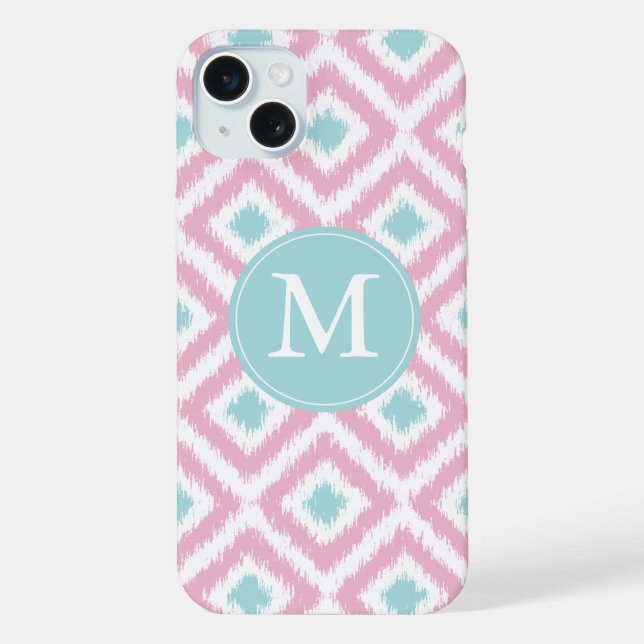 Monogrammed Pink and Mint Diamonds Ikat Pattern iPhone Case (Back)