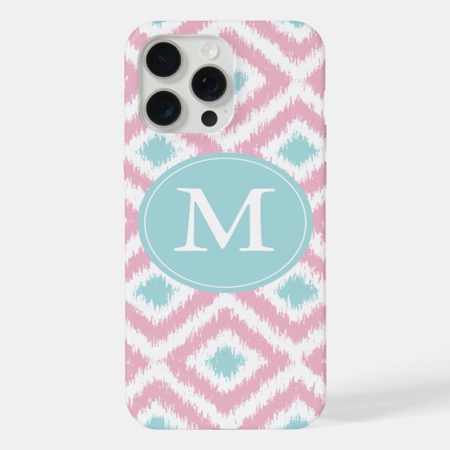 Monogrammed Pink and Mint Diamonds Ikat Pattern iPhone Case (Back)