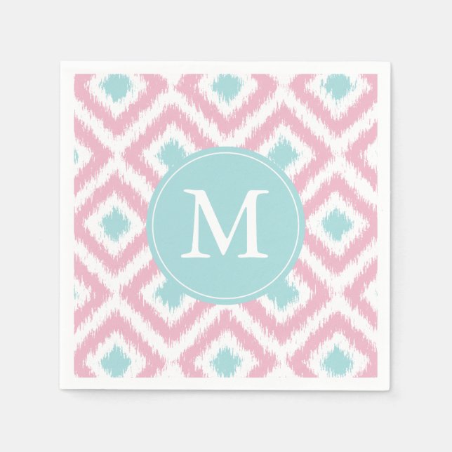 Monogrammed Pink and Mint Ikat Diamonds Pattern Napkin (Front)