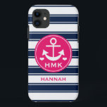 MONOGRAMMED PINK AND NAVY ANCHOR Case-Mate iPhone CASE<br><div class="desc">THIS CUTE,  PREPPY AND GIRLY ANCHOR AND STRIPES NAUTICAL THEMED DESIGN IN DARK BLUE NAVY,  HOT PINK FUCHSIA AND WHITE HUES CAN BE PERSONALIZED WITH YOUR NAME AND CUSTOMIZED WITH YOUR MONOGRAM AND THREE LETTER INITIALS UNDERNEATH THE HEARTS. ARTWORK © CHRISSY H. STUDIOS,  LLC. ALL RIGHTS RESERVED.</div>