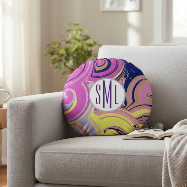 Monogrammed Pink and Purple Abstract Round Cushion (Creator Uploaded)