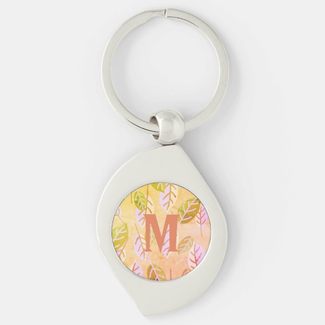 Monogrammed Pink and Sage Abstract Leafs Keychain (Front)