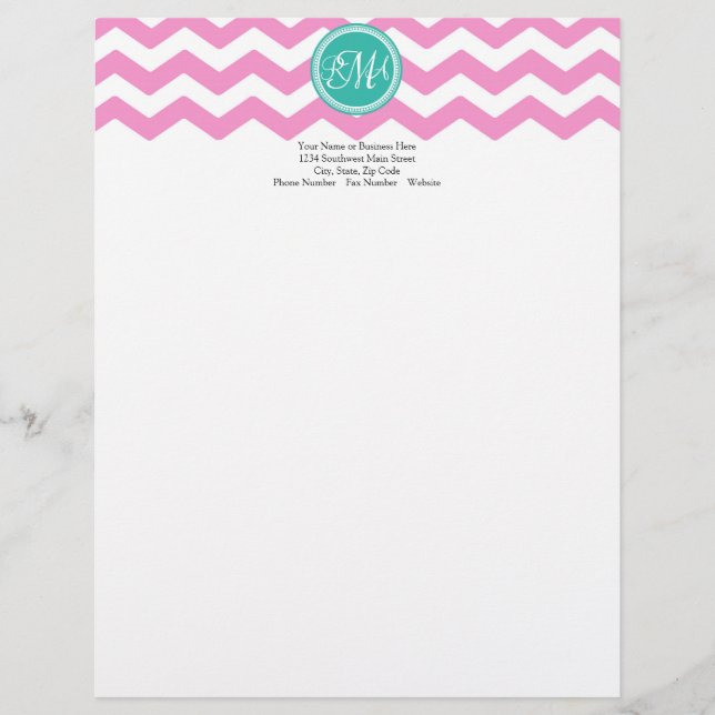 Monogrammed Pink and Teal Chevron Custom Personalised Letterhead (Front)