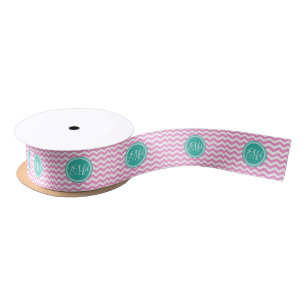 Monogrammed Pink and Teal Chevron Custom Satin Ribbon