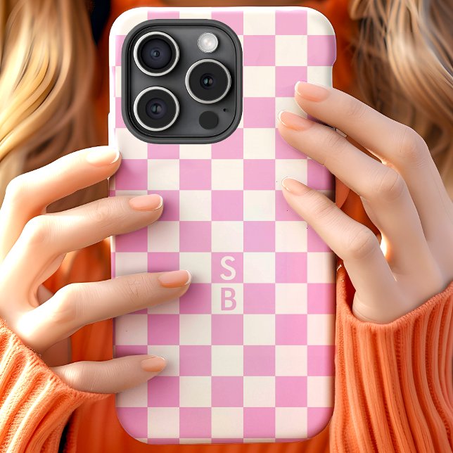 Monogrammed Pink And White Chequerboard Pattern iPhone 15 Case (Creator Uploaded)