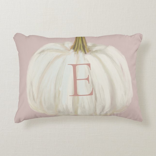 Monogrammed Pink and White Fall Pumpkin Decorative Cushion (Front)
