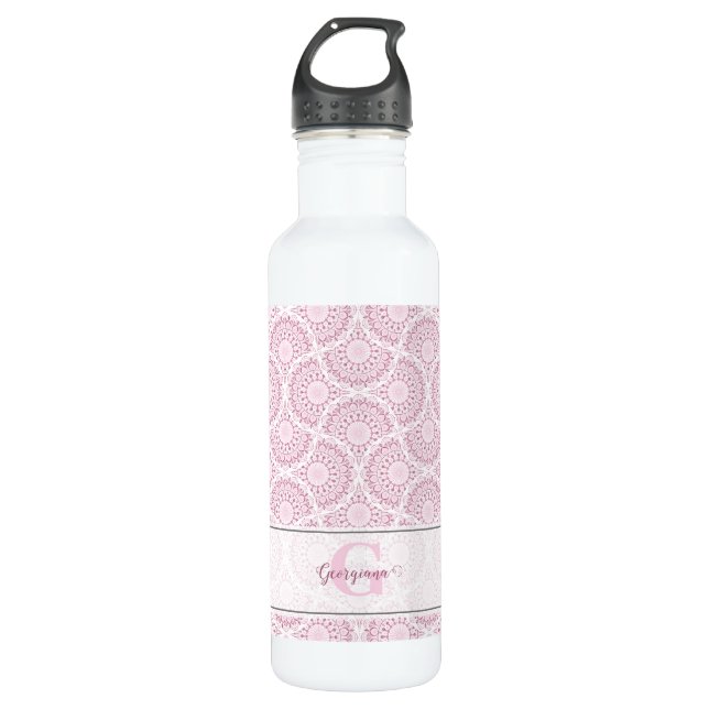 Monogrammed Pink Art Deco Confetti Lace Mandala 710 Ml Water Bottle (Front)