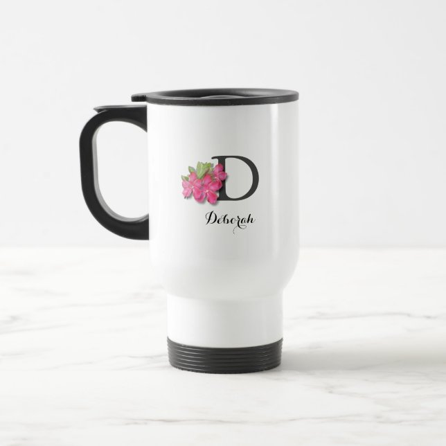 Monogrammed Pink Azalea Travel Mug (Left)