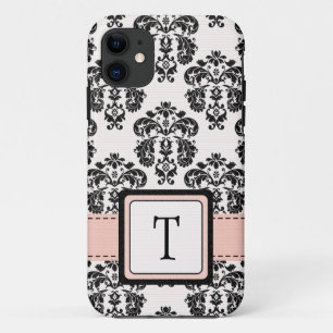 Monogrammed Pink Black Damask Case-Mate iPhone Case