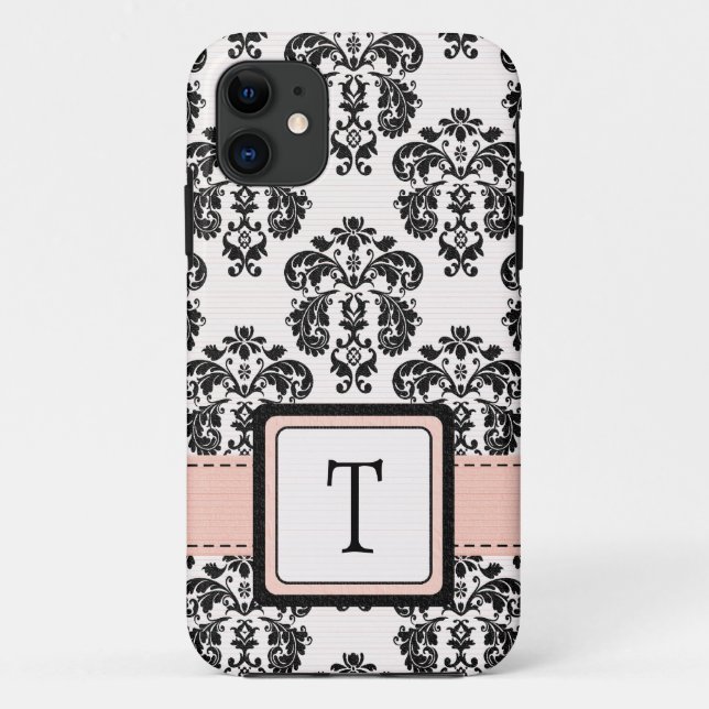 Monogrammed Pink Black Damask Case-Mate iPhone Case (Back)