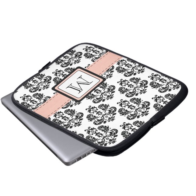 Monogrammed Pink Black Damask Laptop Sleeve Bag (Front Bottom)