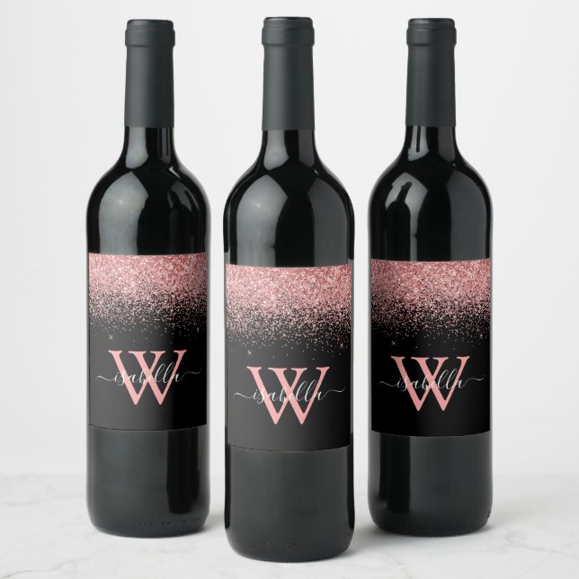Monogrammed Pink Black Elegant Script Name Wine Label (Bottles)