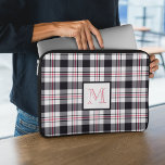 Monogrammed Pink Black Plaid Pattern Laptop Sleeve<br><div class="desc">This personalised laptop sleeve features a modern tartan (plaid) pattern with stripes in white,  reddish pink and black and a framed monogram in matching colours.</div>