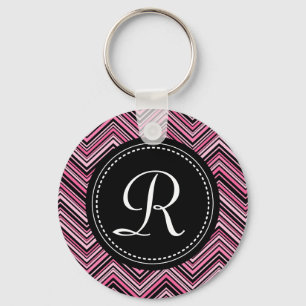 Monogrammed Pink Black Tribal Chevron Pattern Key Ring