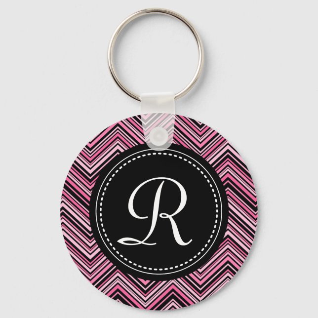 Monogrammed Pink Black Tribal Chevron Pattern Key Ring (Front)