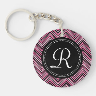 Monogrammed Pink Black Tribal Chevron Pattern Key Ring
