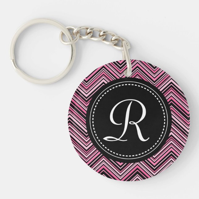 Monogrammed Pink Black Tribal Chevron Pattern Key Ring (Front)